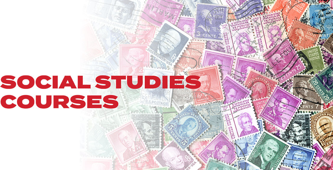 Social Studies Courses graphic with an array of postage stamps